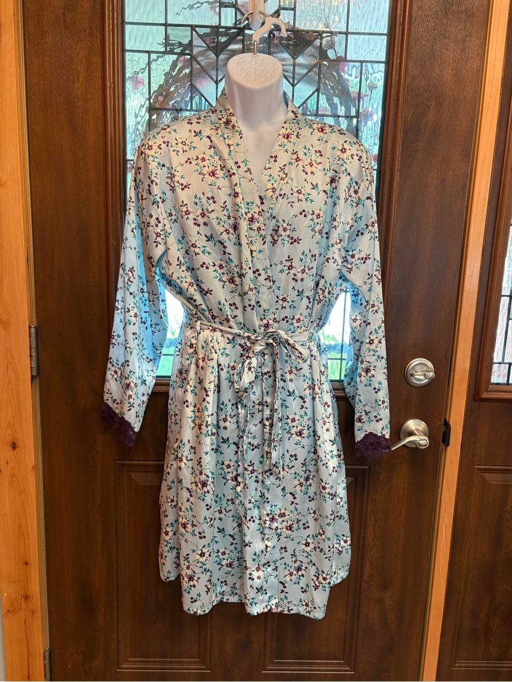 Floral Satin Robe with Lace Trim - Light Blue